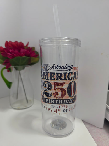 America’s 250th Birthday 2026 Lights 20 oz Tumbler Cup with Lid & Straw
